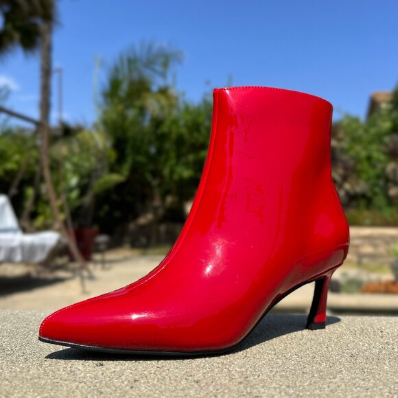 New True Red Pointed Toe Kitten Low Heel Ankle Boots Booties Faux Patent Leather - Picture 3 of 7